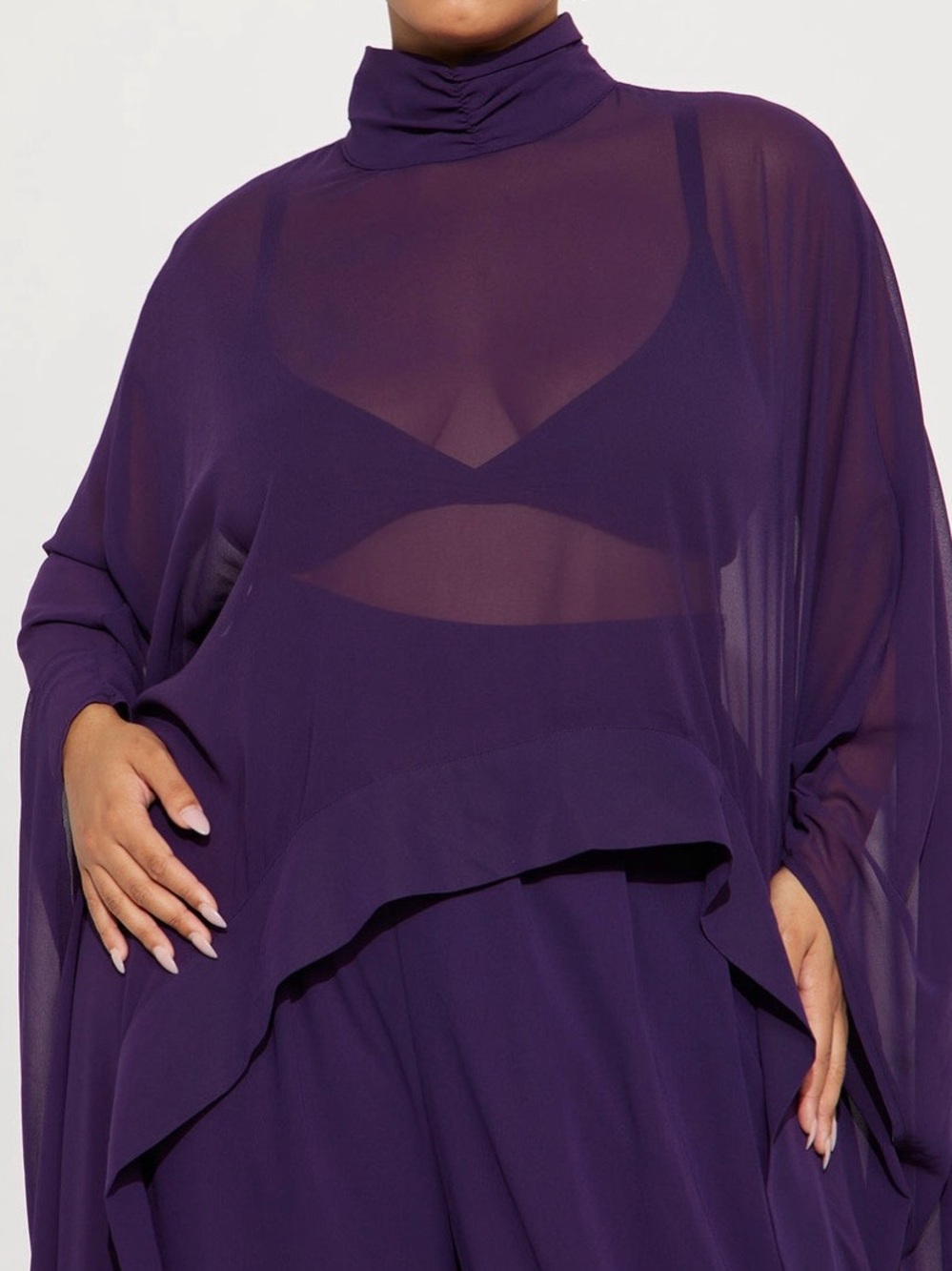 Sheer High-Neck Chiffon Tunic Set in Deep Purple